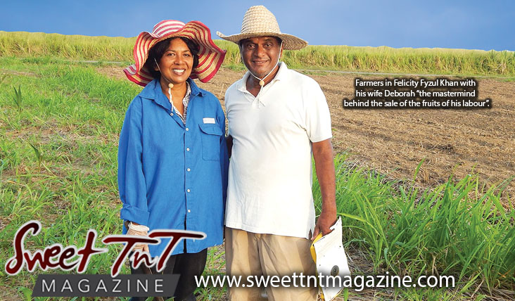 Farmers in Felicity Fyzul Khan with wife Deborah Khan, parents of Candida and Katrina Khan, wearing blue shirt, white t shirt wearing farmer's hats in Sweet T&T, Sweet TnT, Trinidad and Tobago, Trini, vacation, travel