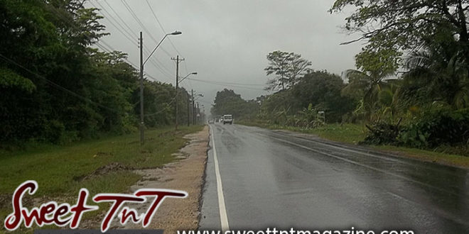 Olton Road in Manzanilla, rainy, wet, lonely, trees, grey sky, for article Folklore in Sweet T&T, Sweet TnT, Trinidad and Tobago, Trini, vacation, travel