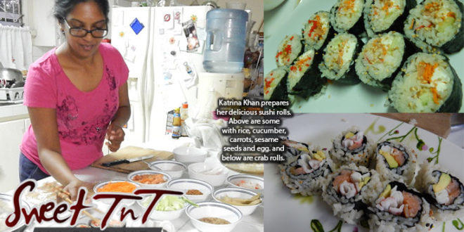 Katrina Khan prepares her delicious sushi rolls, rice cucumber, carrots, sesame seeds, egg, crab rolls, by sister Candida Khan, Sweet T&T, Sweet TnT, Trinidad and Tobago, Trini, vacation, travel