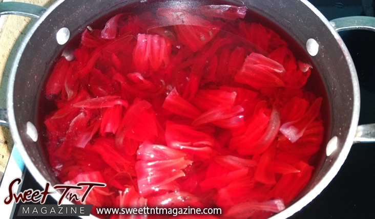 Sorrel or roselle red fruit boiling in water for Christmas season or health benefits for cholesterol, blood pressure, bladder infections, constipation, maylase, use recipe for good taste and health benefits in in Sweet T&T, Sweet TnT, Trinidad and Tobago, Trini, vacation, travel