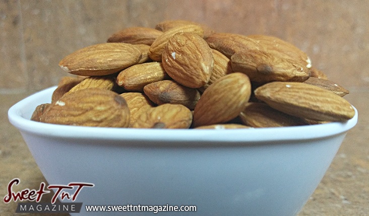 Bowl of almonds for almond milk article in sweet T&T for Sweet TnT Magazine, Culturama Publishing Company, for news in Trinidad, in Port of Spain, Trinidad and Tobago, with positive how to photography.