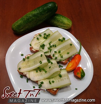 Cucumber and cream cheese on bread on plate in sweet T&T for Sweet TnT Magazine, Culturama Publishing Company, for news in Trinidad, in Port of Spain, Trinidad and Tobago, with positive how to photography.