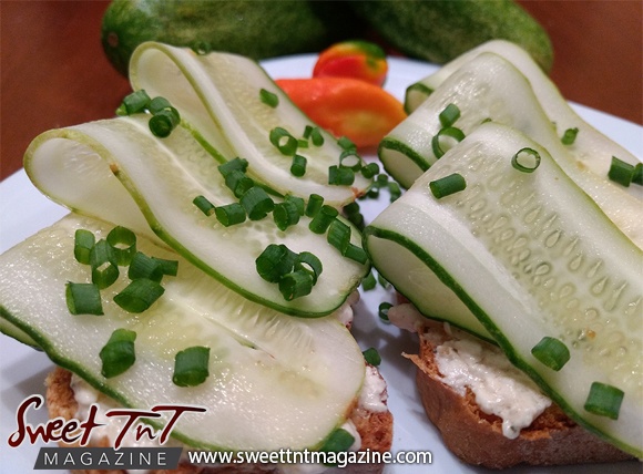 Cucumber and cream cheese on bread in sweet T&T for Sweet TnT Magazine, Culturama Publishing Company, for news in Trinidad, in Port of Spain, Trinidad and Tobago, with positive how to photography.