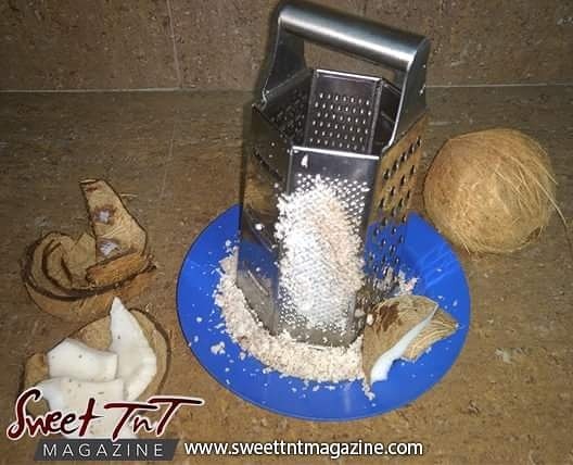Grated coconut for coconut bake in sweet T&T for Sweet TnT Magazine, Culturama Publishing Company, for news in Trinidad, in Port of Spain, Trinidad and Tobago, with positive how to photography.