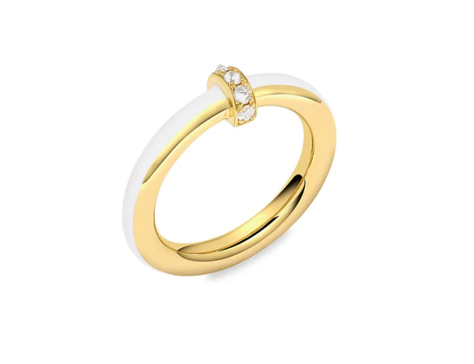 18K Yellow Gold, Diamond & White Enamel Ring