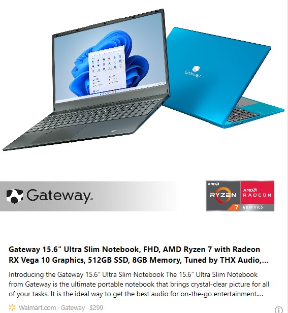 Gateway 15.6" Ultra Slim Notebook, FHD, AMD Ryzen 7 with Radeon RX Vega 10 Graphics, 512GB SSD, 8GB Memory, Tuned by THX Audio, Fingerprint Scanner, 2MP Camera, HDMI, Windows 11 Home, Charcoal Black