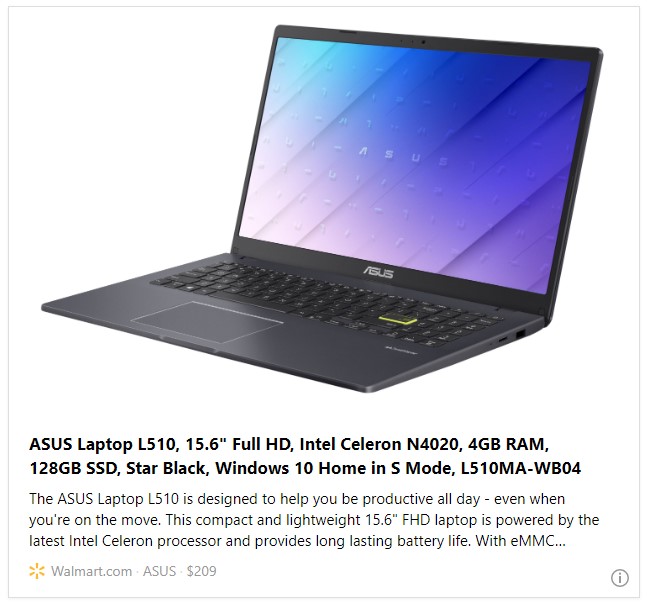 ASUS Laptop L510, 15.6" Full HD, Intel Celeron N4020, 4GB RAM, 128GB SSD, Star Black, Windows 10 Home in S Mode, L510MA-WB04