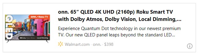 onn. 65” QLED 4K UHD (2160p) Roku Smart TV with Dolby Atmos, Dolby Vision, Local Dimming, 120hz Effective Refresh Rate, and HDR (100071705)
