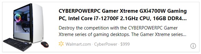 CYBERPOWERPC Gamer Xtreme GXi4700W Gaming PC, Intel Core i7-12700F 2.1GHz CPU, 16GB DDR4, AMD Radeon RX 6700 XT 12GB, 500GB PCI-E NVMe SSD, 802.11AC WiFi & Win 11 Home
