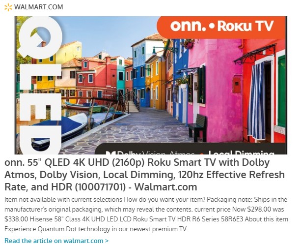 onn. 55" QLED 4K UHD (2160p) Roku Smart TV with Dolby Atmos, Dolby Vision, Local Dimming, 120hz Effective Refresh Rate, and HDR (100071701) - Walmart.com