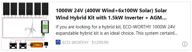 1000W 24V (400W Wind+6x100W Solar) Solar Wind Hybrid Kit with 1.5kW Inverter + AGM Battery