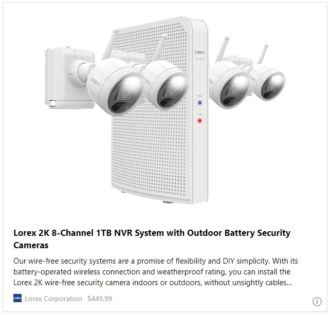 Lorex 2K 8-Channel 1TB NVR System with Outdoor Battery Security Cameras