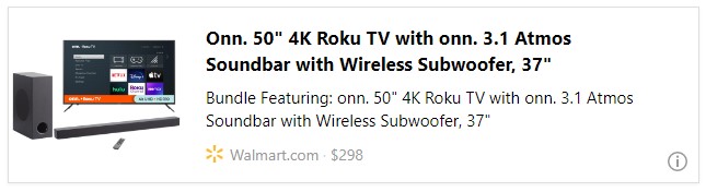 Onn. 50" 4K Roku TV with onn. 3.1 Atmos Soundbar with Wireless Subwoofer, 37"