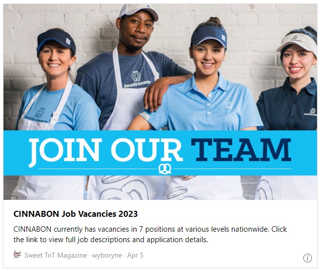CINNABON Job Vacancies 2023 - Sweet TnT Magazine