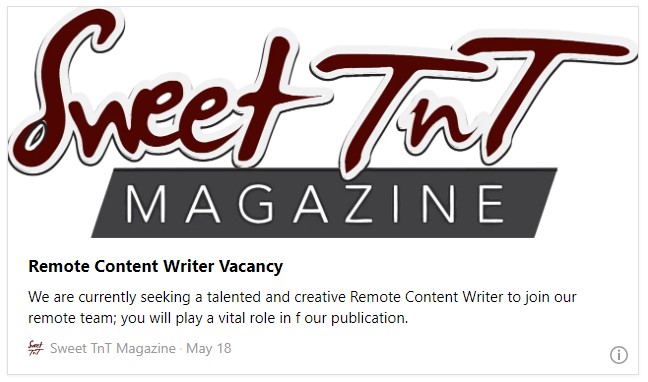 Remote Content Writer Vacancy - Sweet TnT Magazine