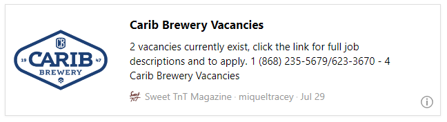 Carib Brewery Vacancies - Sweet TnT Magazine