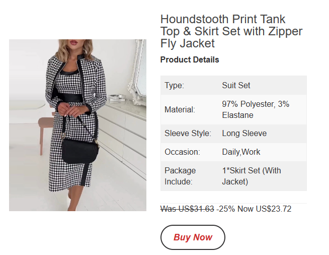 Houndstooth Print Tank Top & Skirt Set with Zipper Fly Jacket