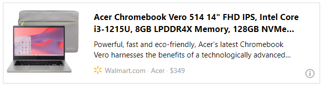 Acer Chromebook Vero 514 14" FHD IPS, Intel Core i3-1215U, 8GB LPDDR4X Memory, 128GB NVMe SSD, Cobblestone Gray, CBV514-1H-34X9