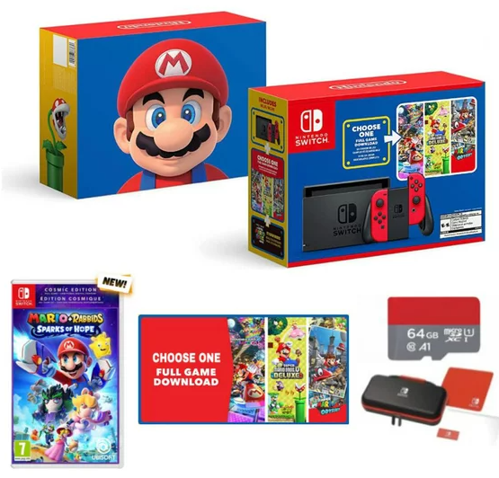 New Nintendo Switch Mario Bundle with Red Joy-Con - Bundle with Mario Rabbids Spark of Hope & Choose One of Three Download Mario Games - 64GB Micro SD - PowerA Case