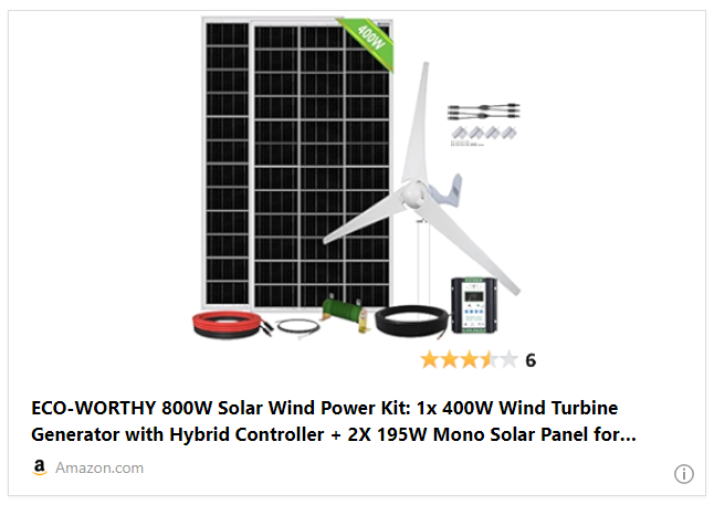 ECO-WORTHY 800W Solar Wind Power Kit: 1x 400W Wind Turbine Generator with Hybrid Controller + 2X 195W Mono Solar Panel for Home/RV/Boat/Farm/Street Light and Off-Grid Appliances
