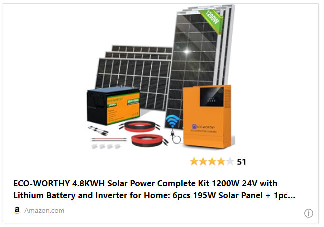 ECO-WORTHY 4.8KWH Solar Power Complete Kit 1200W 24V with Lithium Battery and Inverter for Home: 6pcs 195W Solar Panel + 1pc 25.6V 100Ah Li-Battery + 3000W MPPT Hybrid Charger Inverter